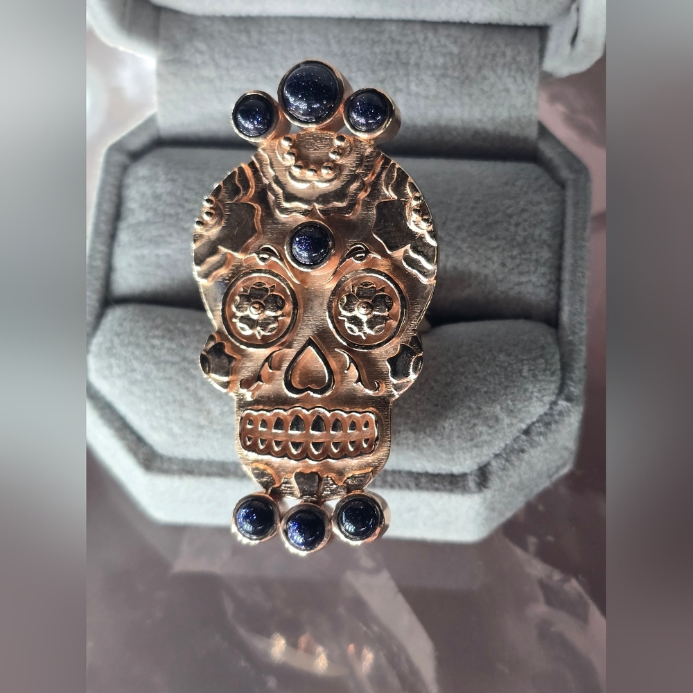 Rose Gold Skull Design Ring with Black Sunstone